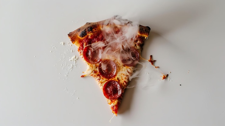 Foto close-up de fatia de pizza pepperoni com queijo derretido em fundo branco