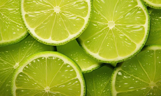 Close-up de fatias de limão fresco com gotas de água em cascata destacando tons verdes vibrantes Criado com ferramentas de IA gerativas