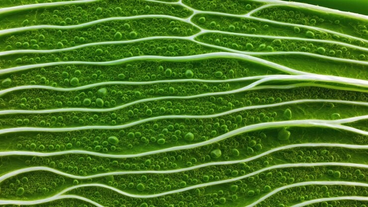 Foto close-up de fibras coloridas em uma folha verde mostrando detalhes naturais
