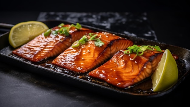 close-up de filetes de salmão teriyaki pegajosos assados em um forno servidos em um prato preto Generative Ai