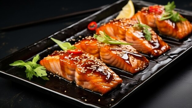 Foto close-up de filetes de salmão teriyaki pegajosos assados em um forno servidos em uma placa preta