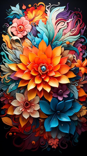 Close-up de flor colorida em fundo preto IA geradora