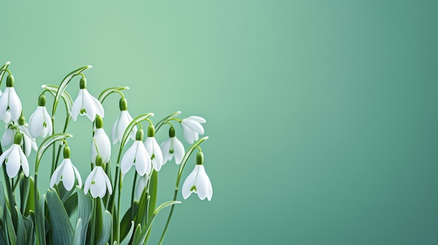 Close up de flores de floco de neve em fundo verde