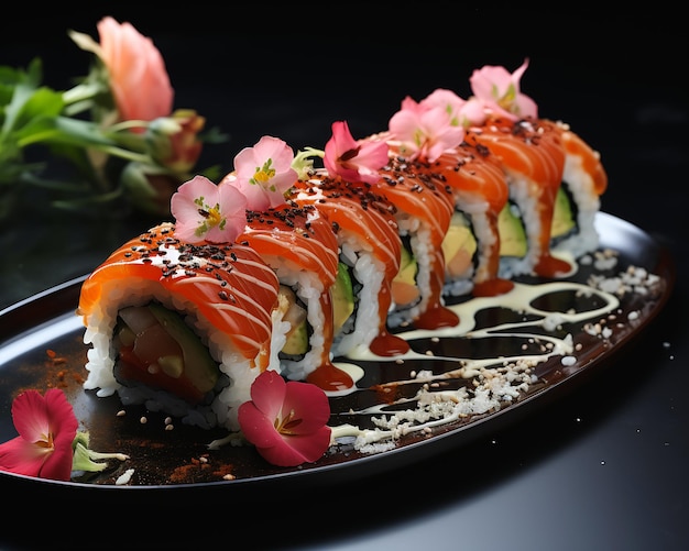 Close-up de flores de molho de sushi com singularidades do produto
