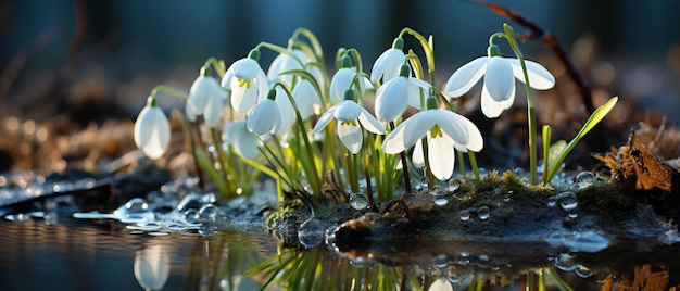 Foto close-up de flores de snowdrop com gotas de água