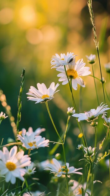 Close-up de flores silvestres efeito bokeh da luz solar prado vibrante fundo natural