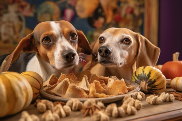 Foto close-up de focinho de cão com comida ao fundo