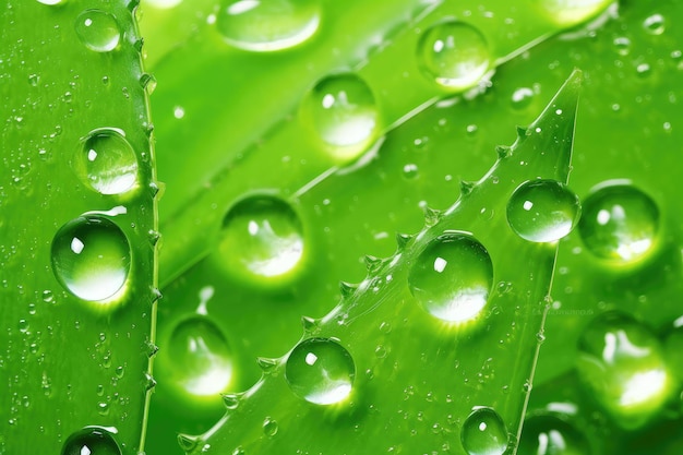 Close-up de folha de aloe vera verde com muitas gotas de água