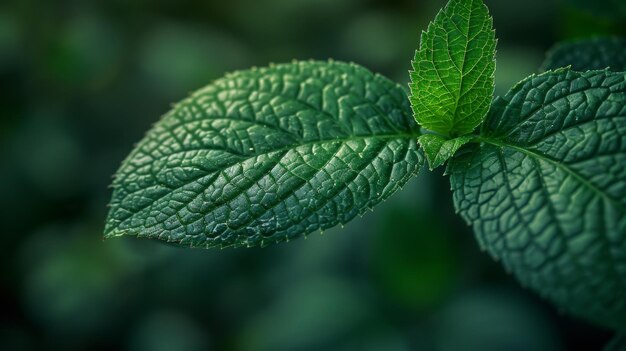 Close-up de folha de hortelã fresca de fundo verde
