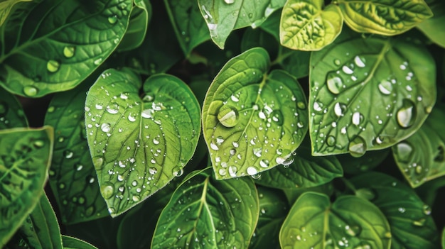 Foto close-up de folhagem encharcada pela chuva com gotas de água agarradas às veias de folhas verdes frescas