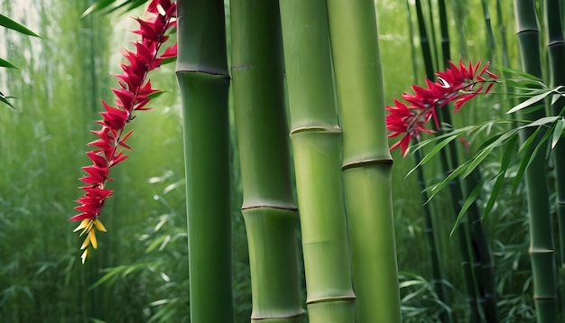 Close-up de folhas de bambu verdes com caules de bambu amarelos