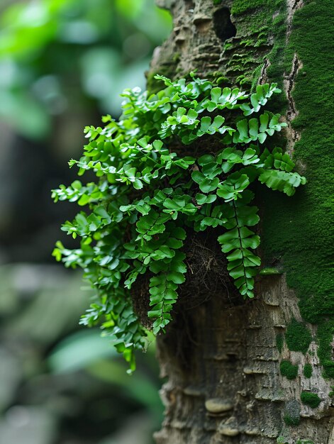 Foto close-up de folhas de foco suave do fern nido de pássaros uma epífita em um ambiente tropical exuberante de bali indonésia pano de fundo ideal para decoração ao ar livre