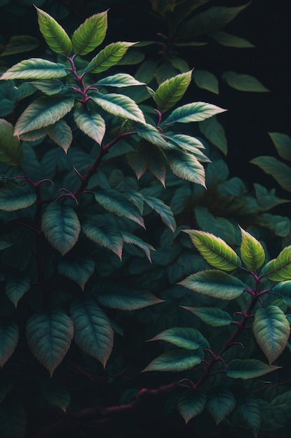 Close-up de folhas de plantas verdes em fundo preto criado usando tecnologia generativa ai