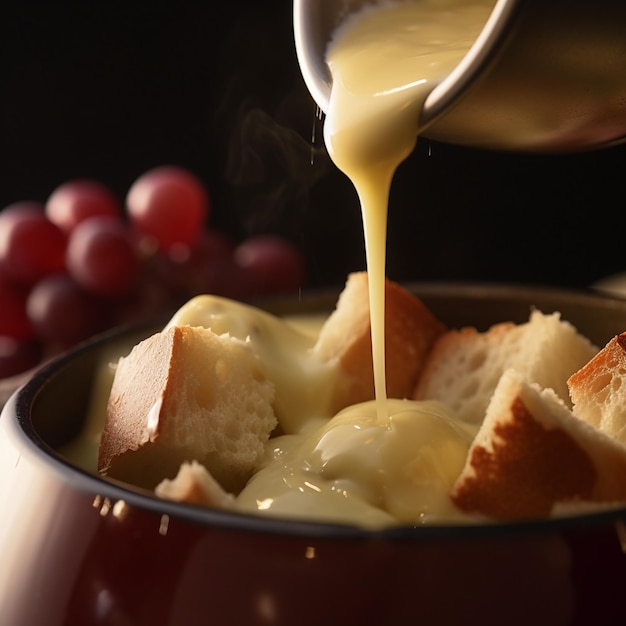 Foto close-up de fondue suíço com batatas e maçãs