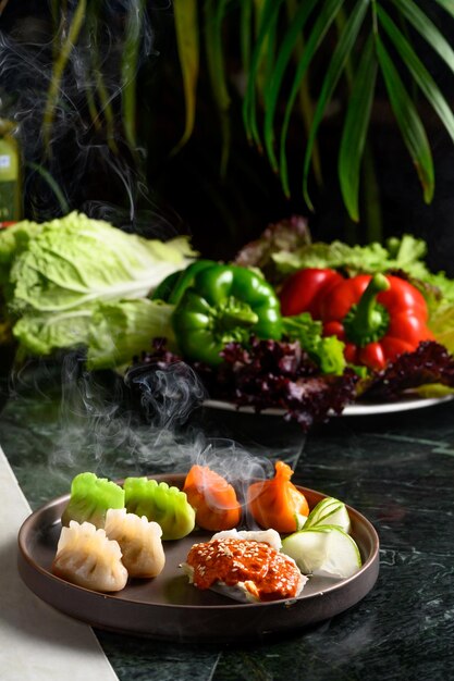 Foto close-up de frutas e legumes na mesa com 3 cores dimsums