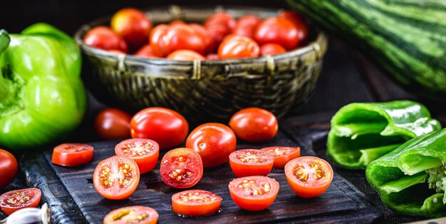 Foto close-up de frutas e legumes na mesa