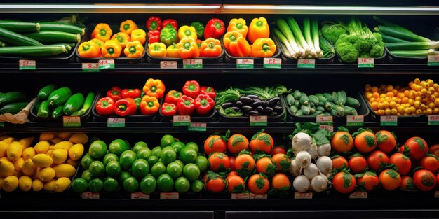 Foto close-up de frutas e legumes na prateleira do supermercado