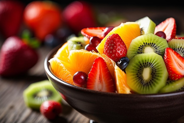 Foto close-up de frutas exóticas em uma salada de frutas tropicais