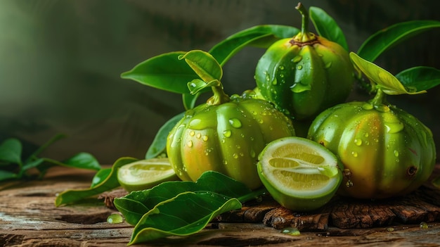 Foto close-up de frutas frescas de garcinia cambogia gotejadas com gotas de água em fundo verde saúde