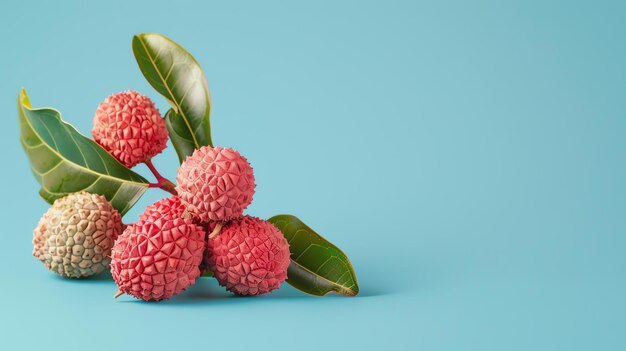 Close-up de frutos de lício com folhas em fundo azul O lício é uma fruta tropical nativa da China