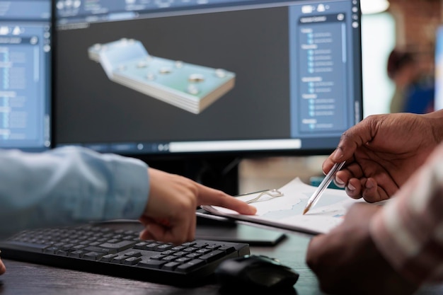 Close-up de funcionários da indústria criativa com clipboard e software de modelagem 3D avançado aberto