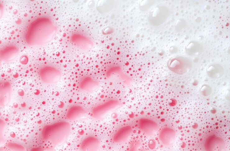 Foto close-up de fundo de textura de esponja rosa com bolhas