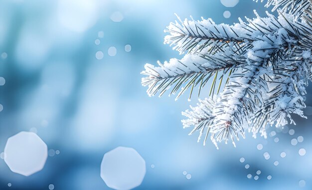 Close-up de galho de pinheiro congelado e neve não focado fundo desfocado com céu azul e flocos de neve