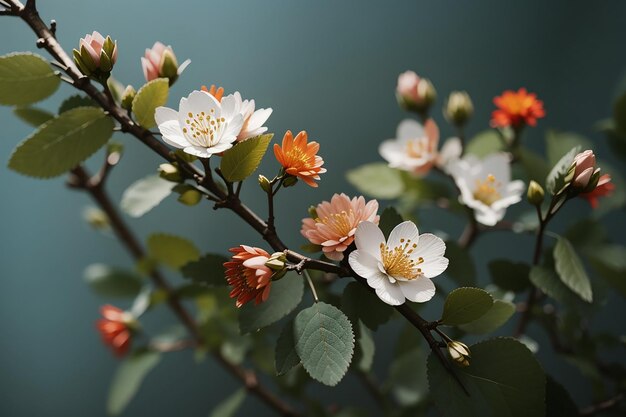 Close-up de galhos com flores e folhas