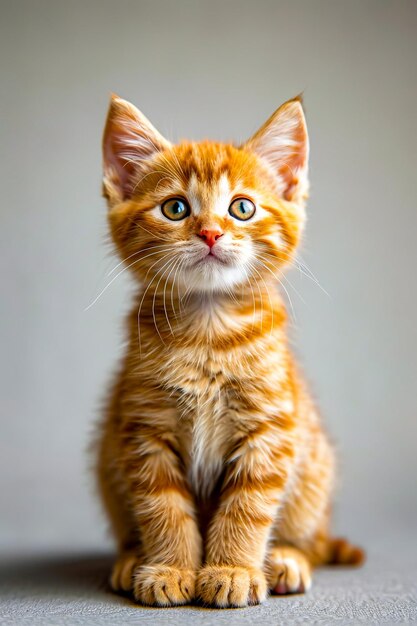 Close-up de gatinho laranja com olhos azuis olhando para cima