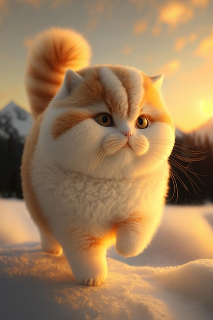 Close-up de gato andando na neve generativa ai