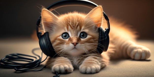 Close-up de gato bebê fofo com fone de ouvido Generative AI AIG16