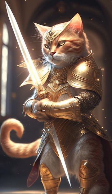 Close-up de gato com espada e armadura generativa ai
