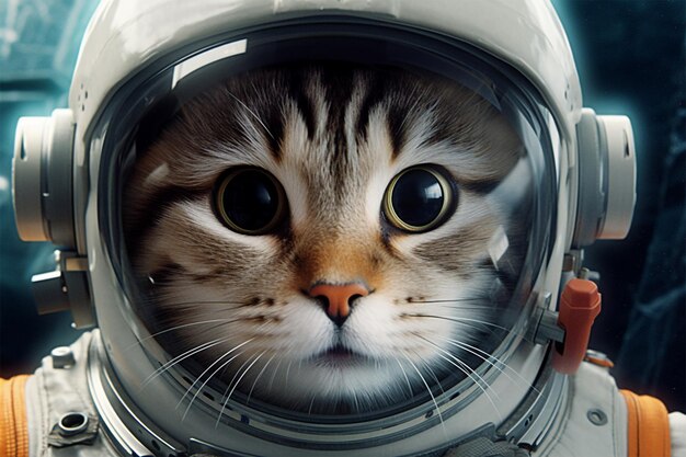 Foto close-up de gato em traje espacial com olhar surpreso