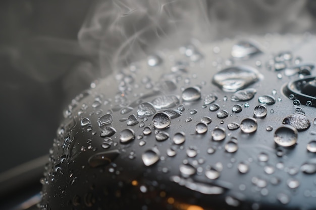 Close-up de gotas de água condensando em uma tampa de chaleira de vapor