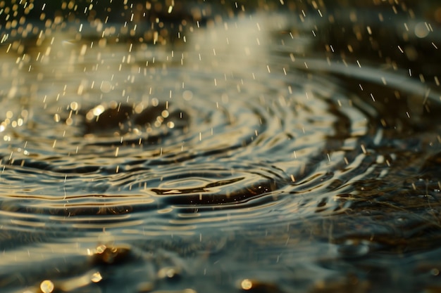 Close-up de gotas de chuva ondulando em uma poça fresca