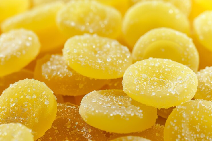Foto close-up de gotas de doces amarelas com sabor a limão revestidas com cristais de açúcar dispostos firmemente e brilhando sob luz brilhante