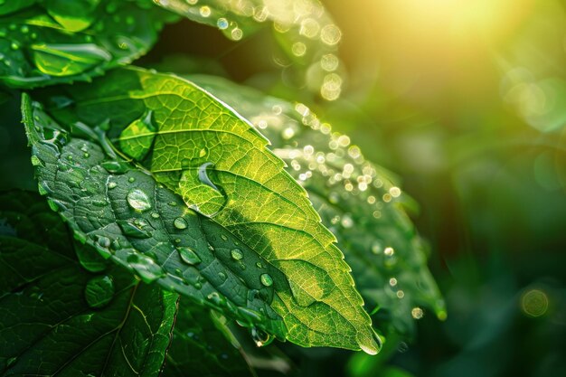 Close-up de gotas de orvalho brilhantes em uma folha verde vibrante à luz do sol