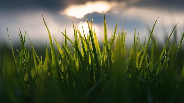 Close-up de grama sob a luz do sol e um céu nublado com um fundo desfocado