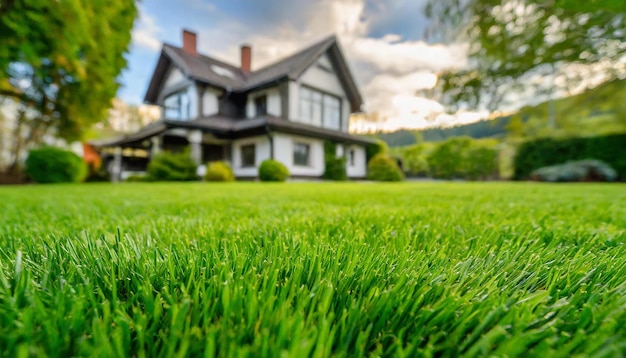 Foto close-up de gramado verde com casa desfocada no fundo paisagismo do quintal