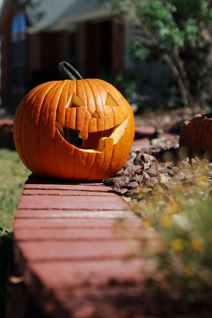 close-up de grande abóbora de halloween no jardim da casa