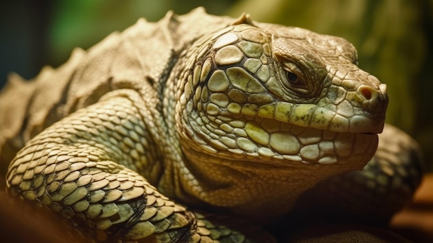 Close-up de grande lagarto deitado na cama de sujeira e grama Generative AI