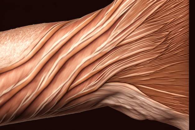 Close up de grandes fibras musculares do braço no fundo marrom criado com generative ai