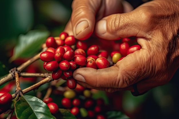 Close-up de grãos de café amadurecendo em um galho em uma plantação de café