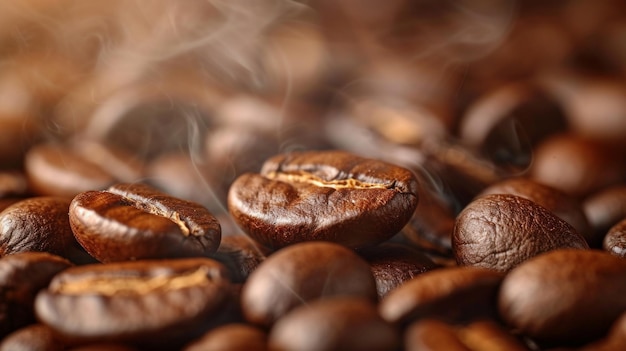 Close-up de grãos de café emitindo um aroma perfumado que promete uma experiência saborosa