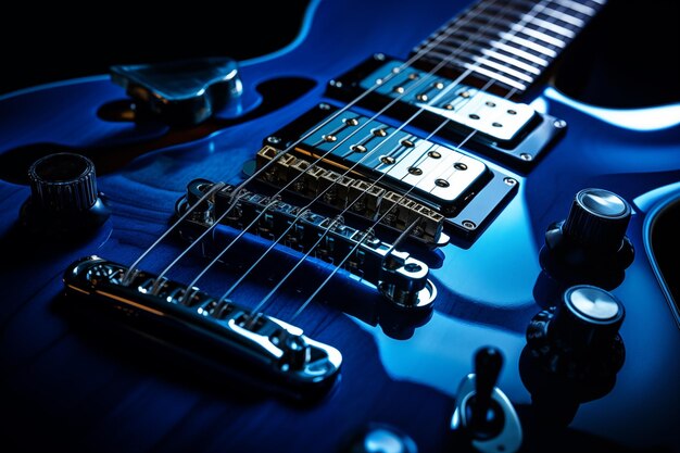 Close-up de guitarra elétrica em fundo azul