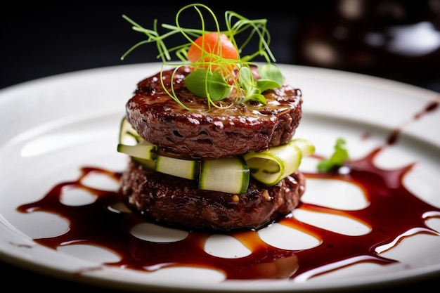 Close-up de hambúrguer de carne com molho de pepino em conserva servido em um restaurante