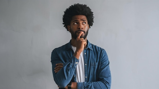 Foto close-up de homem afro-americano pensativo tomando decisão estudante pensando sobre smth toque mandíbula