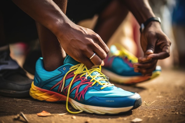 Close-up de homem amarrando atacadores em sapatos de corrida Um homem amarrando sapatos esportivos close-up de seu sapato AI gerado