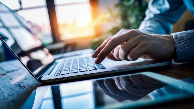 Foto close-up de homem de negócios com um dedo de uma mão digitando no teclado do computador portátil