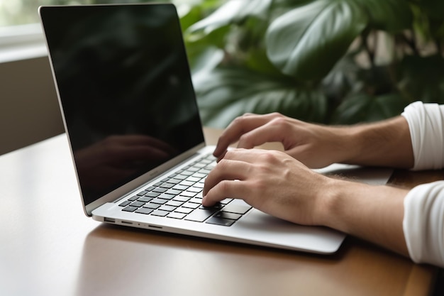 close-up de homem digitando em laptop com tela branca simples